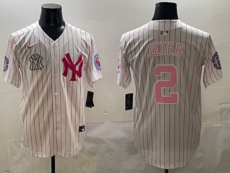 Men New York Yankees #2 Jeter Stripe Red Jointly Name 2025 Nike MLB Jersey style 8